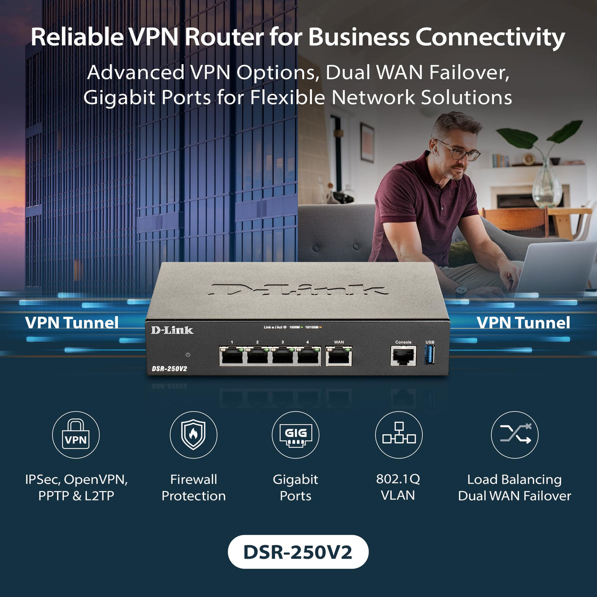 D-Link DSR-250v2 back ports showing dual WAN and DMZ options for reliability.