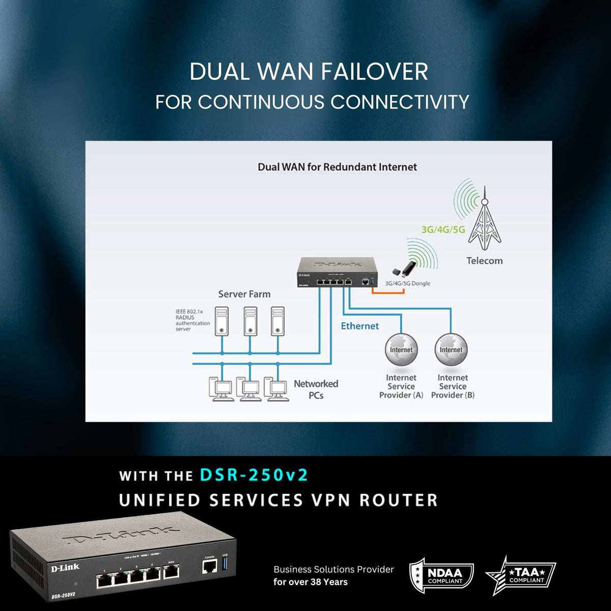 D-Link DSR-250v2 DMZ support isolates servers from the LAN.