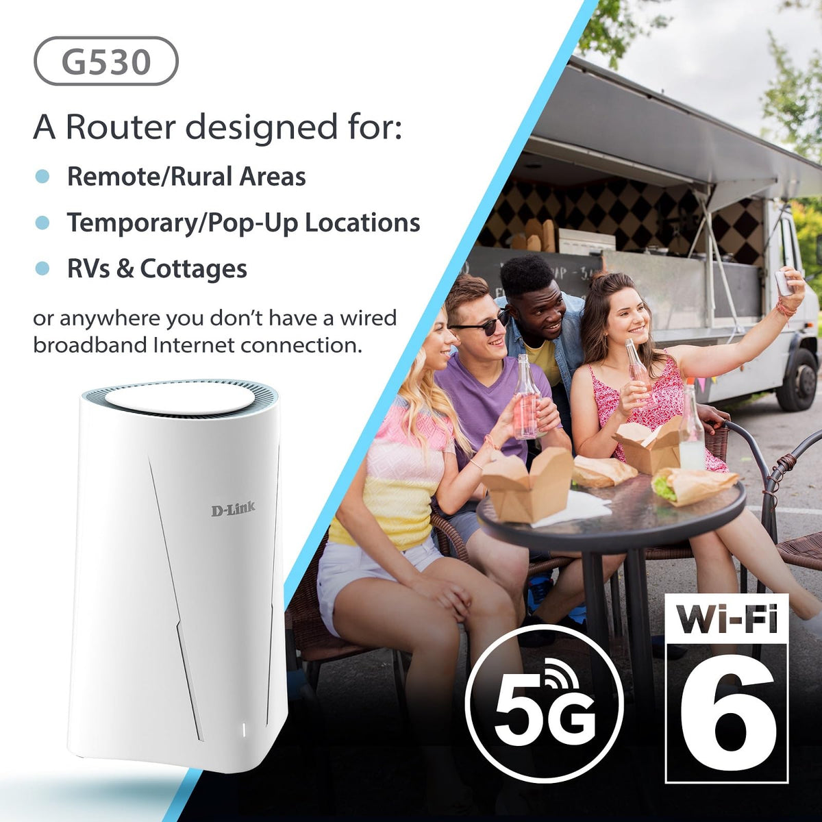 D-Link G530 WiFi 6 coverage illustration enabling seamless streaming on multiple devices.