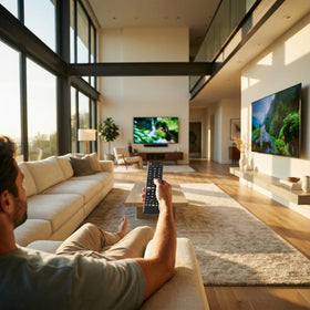 D.Vordingborg remote beside television illustrating size and easy reach
