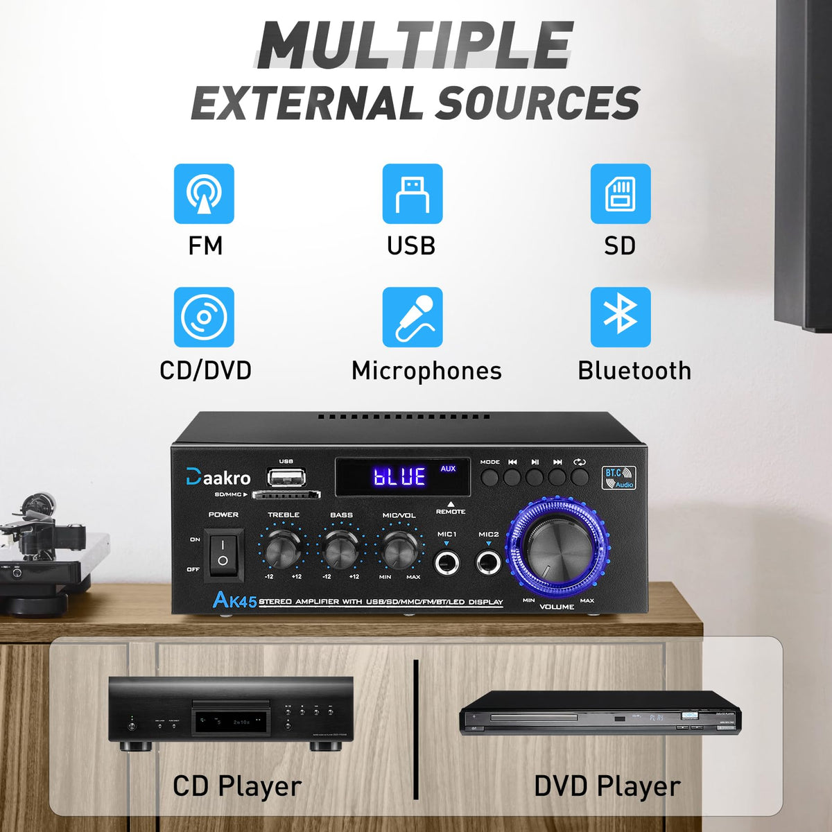 Daakro AK45 on a bookshelf with passive speakers demonstrating compact placement benefit