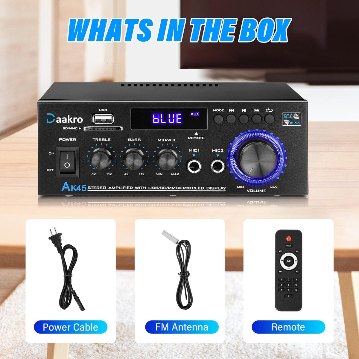 Daakro AK45 in a living room with speakers illustrating improved home audio experience