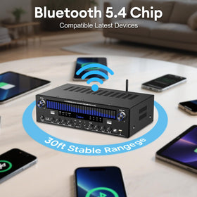 Daakro intuitive rotary controls for volume, bass, treble, and mic delay.