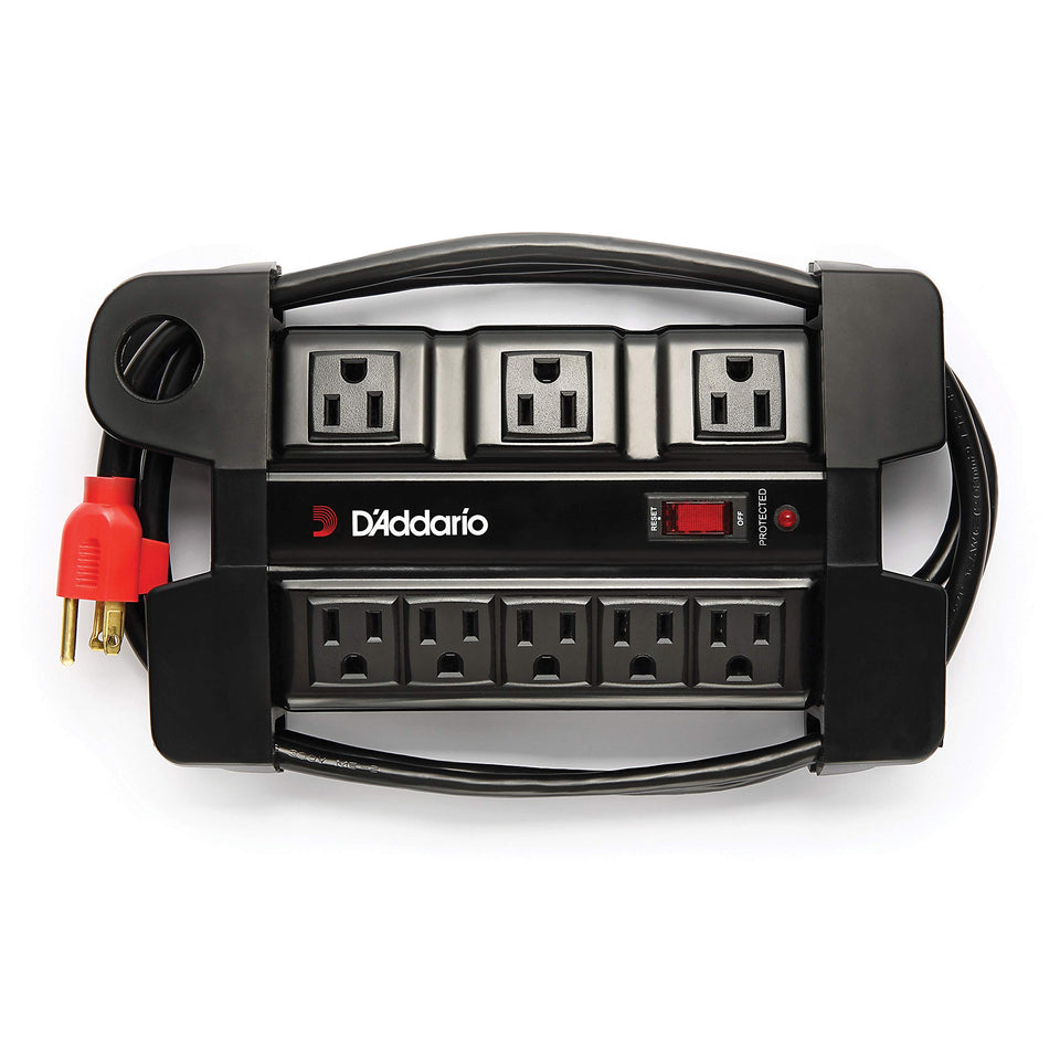 D'Addario Power Base front view showing outlets and stable housing, ensures reliable stage power
