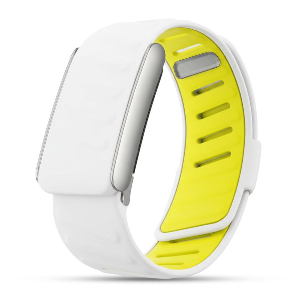 DADO white yellow band front view showing sleek sport design and fit benefit