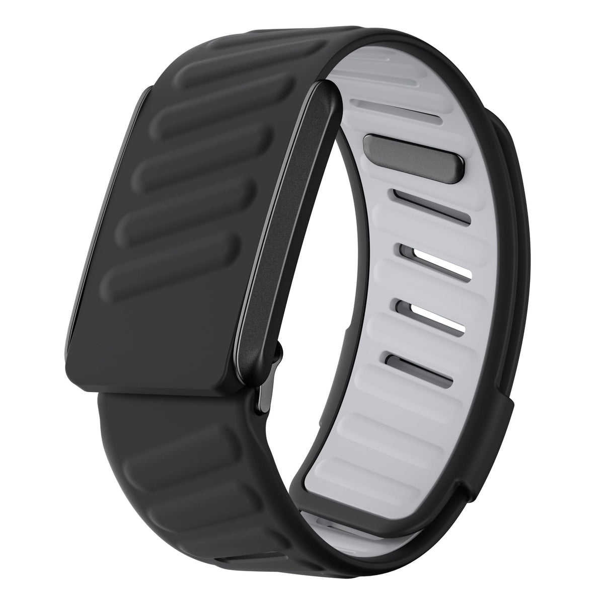 DADO Comfort silicone wristband for Whoop 4.0 in black grey, close-up and comfortable fit.