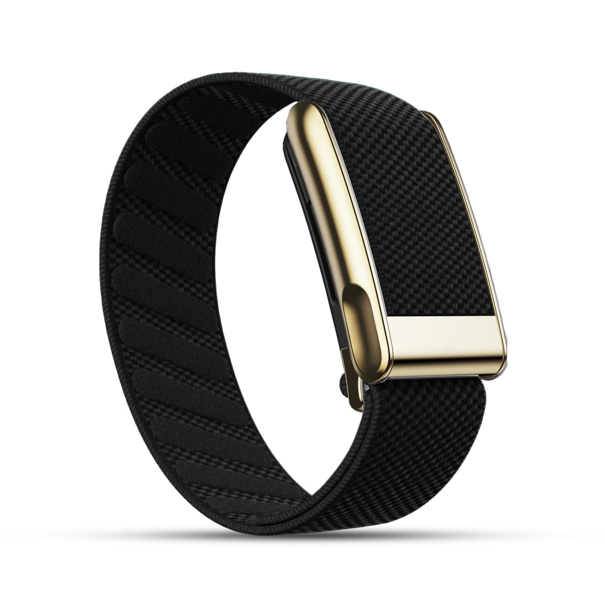 DADO front view of black nylon band with gold connector showing fit and style