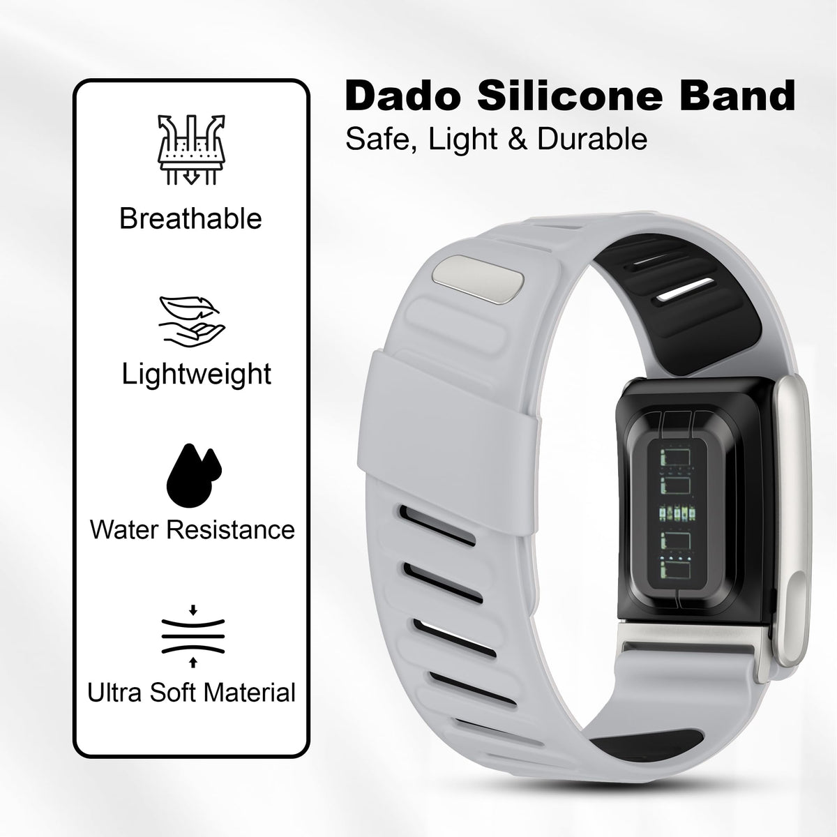 DADO silicone sport band showing One/Peak/Life compatible fit for daily wear.