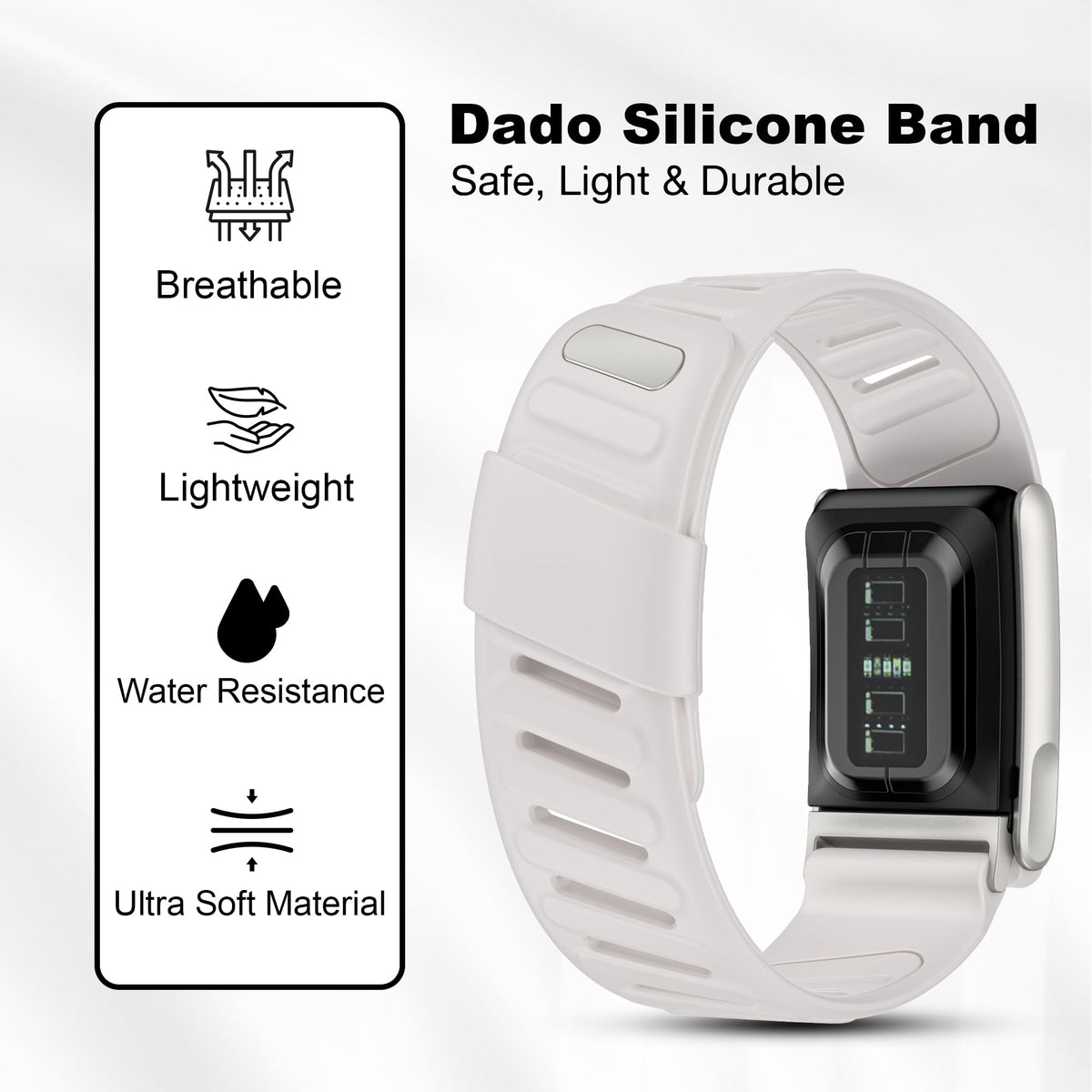 DADO close-up shows soft silicone with U-shaped connector for secure fit.