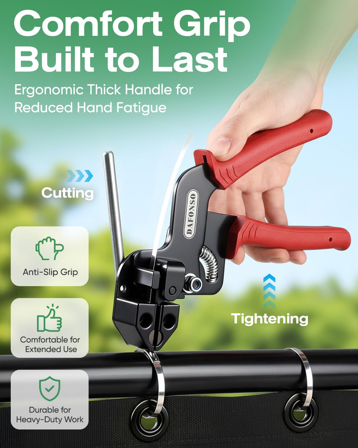 DAFONSO metal cable tie gun detail showing sturdy build and ergonomic grip