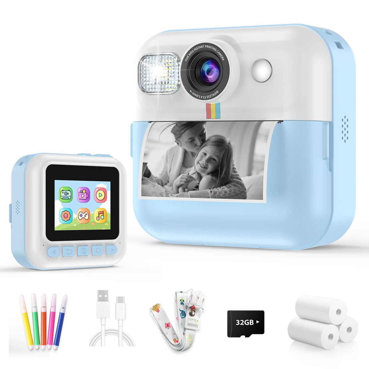 Dafotil Kids Camera front view in blue highlights 1080p recording for adventures