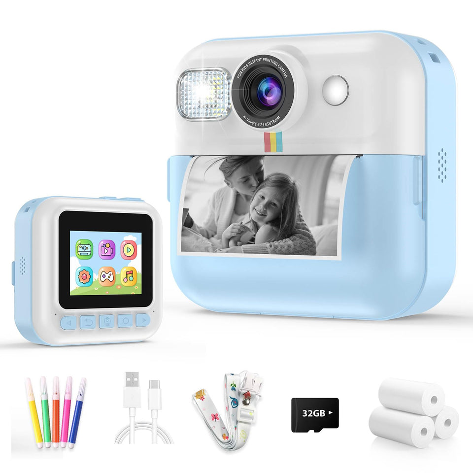 Dafotil Kids Camera front view in blue highlights 1080p recording for adventures