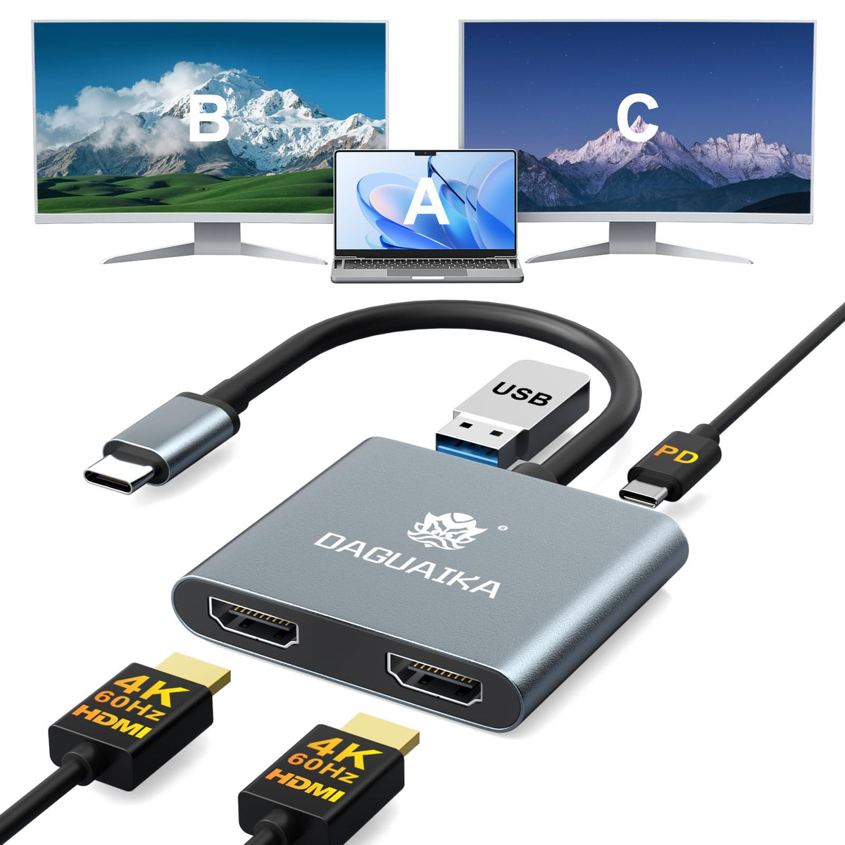 Daguaika USB-C to dual HDMI adapter ready for dual-monitor setup.