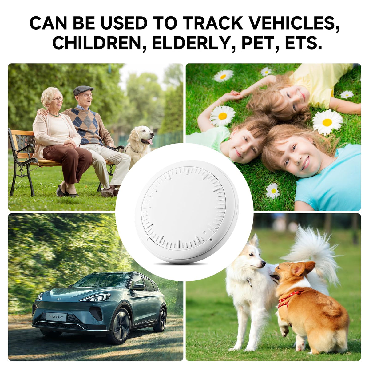 Dahetag placed in a driveway scene showing vehicle monitoring peace of mind