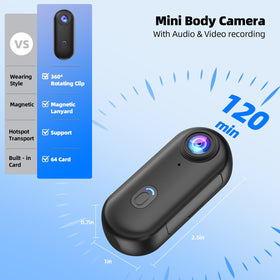 Dahocamgo 4K mini body camera battery life up to 120 minutes for all-day recording.