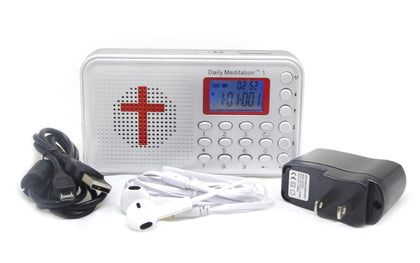 Daily Meditation player front view showing speaker and labeled controls for easy family use