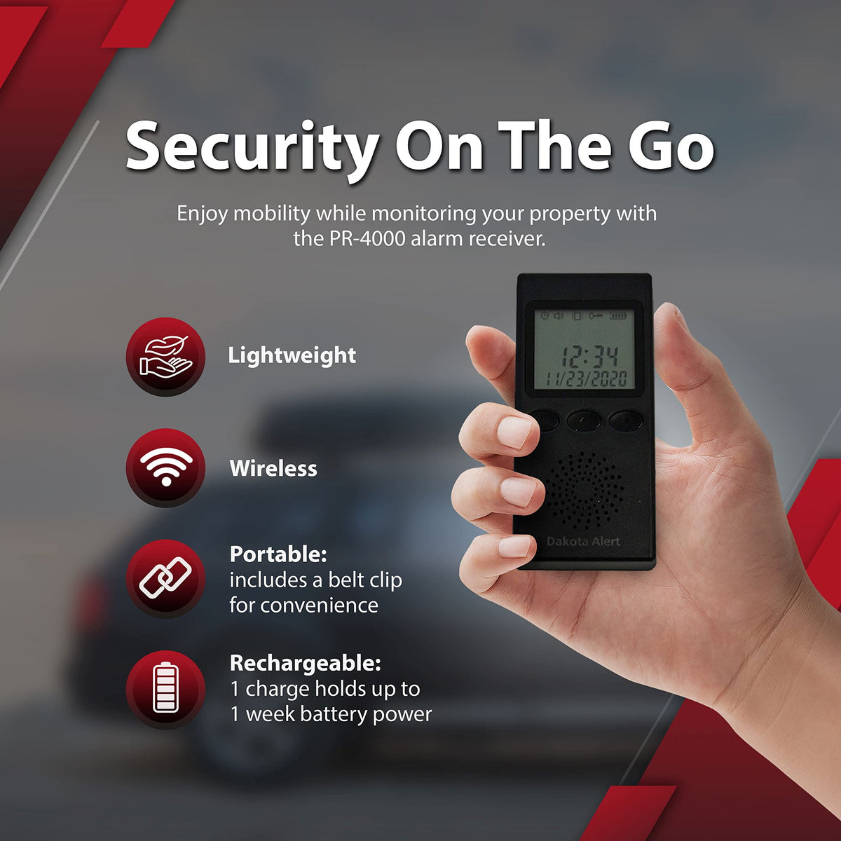 Portable PR-4000 receiver with audible and vibrate alerts for on the go monitoring