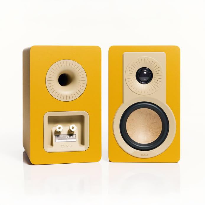 DALI KUPID Golden Yellow close-up of 4.5-inch woofer and 26 mm tweeter, highlighting clear highs and precise midrange.