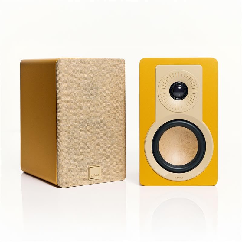 DALI KUPID Golden Yellow bookshelf speaker front view with 4.5-inch woofer and 26 mm tweeter, delivering hi-fi sound.