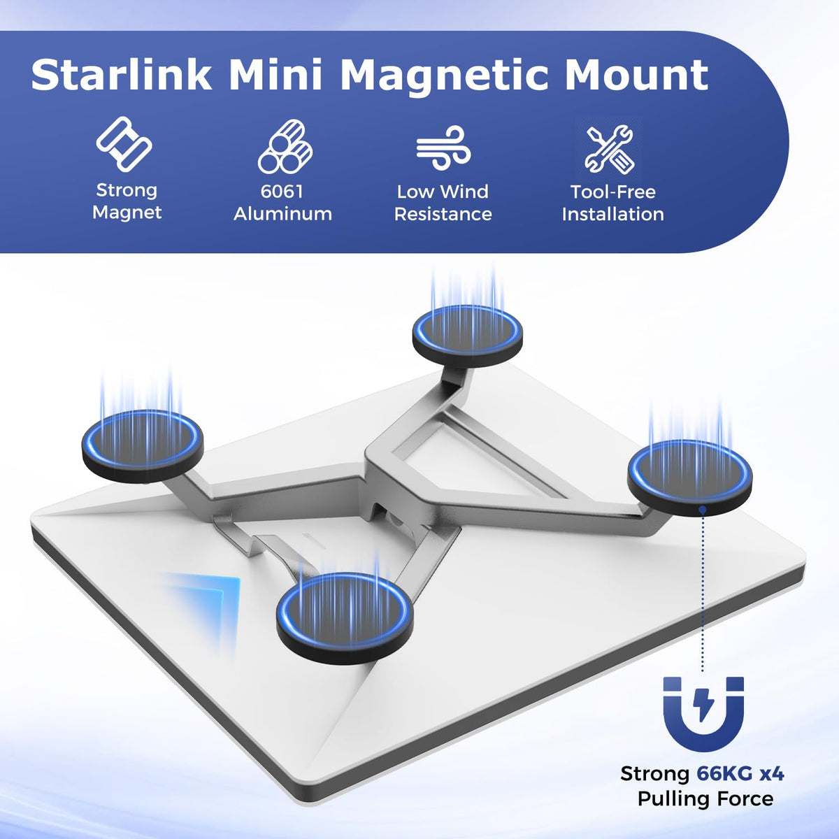 DALINDA heavy-duty magnetic bases (264lbs total) shown securing the Starlink Mini on a metal roof.