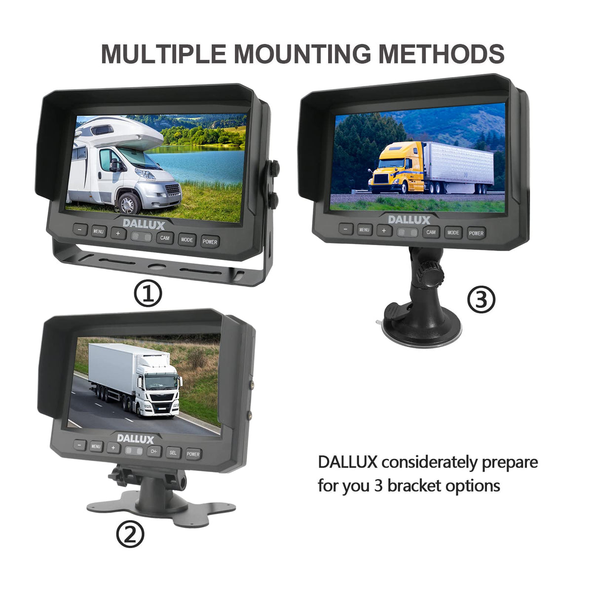 DALLUX 7-inch monitor with dash mount offers flexible installation.