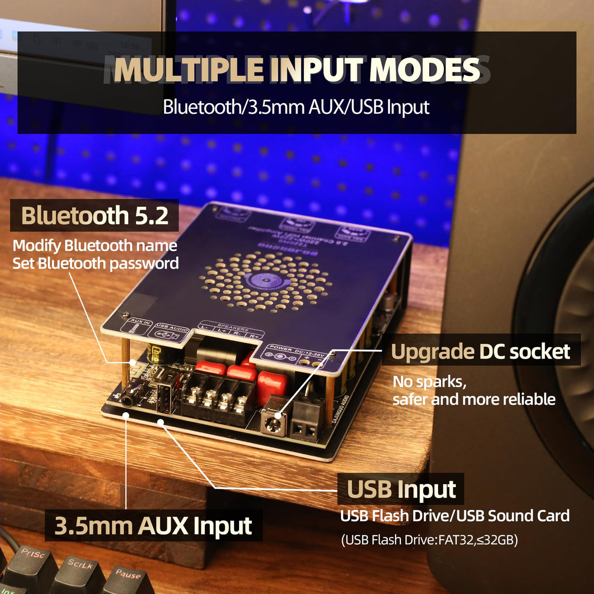 DAMGOO rear connections showing Bluetooth, AUX and DC input for flexible hookups