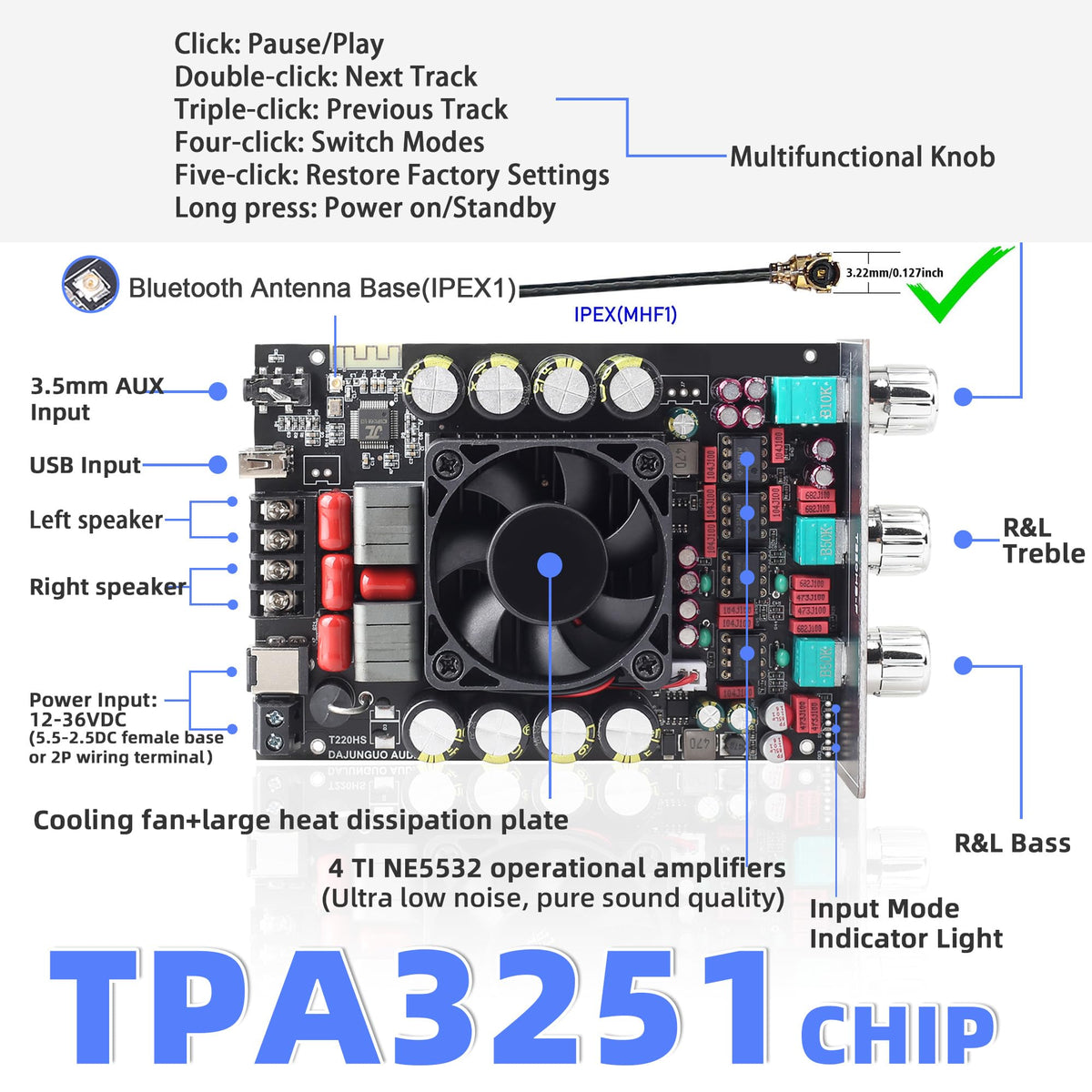 DAMGOO TPA3251 chip close-up highlighting efficient power handling and reliability