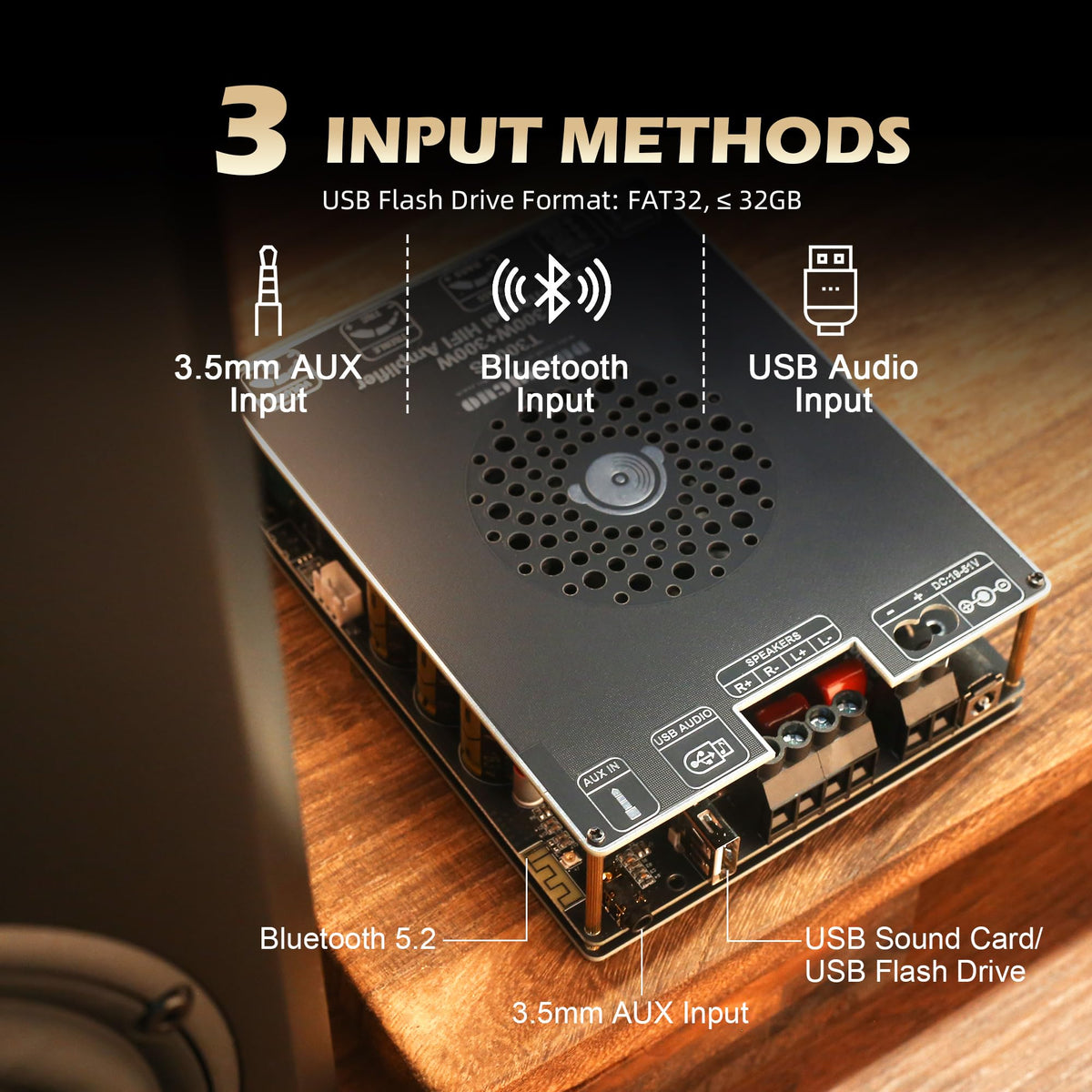 DAMGOO amplifier in use driving bookshelf speakers for strong wireless sound