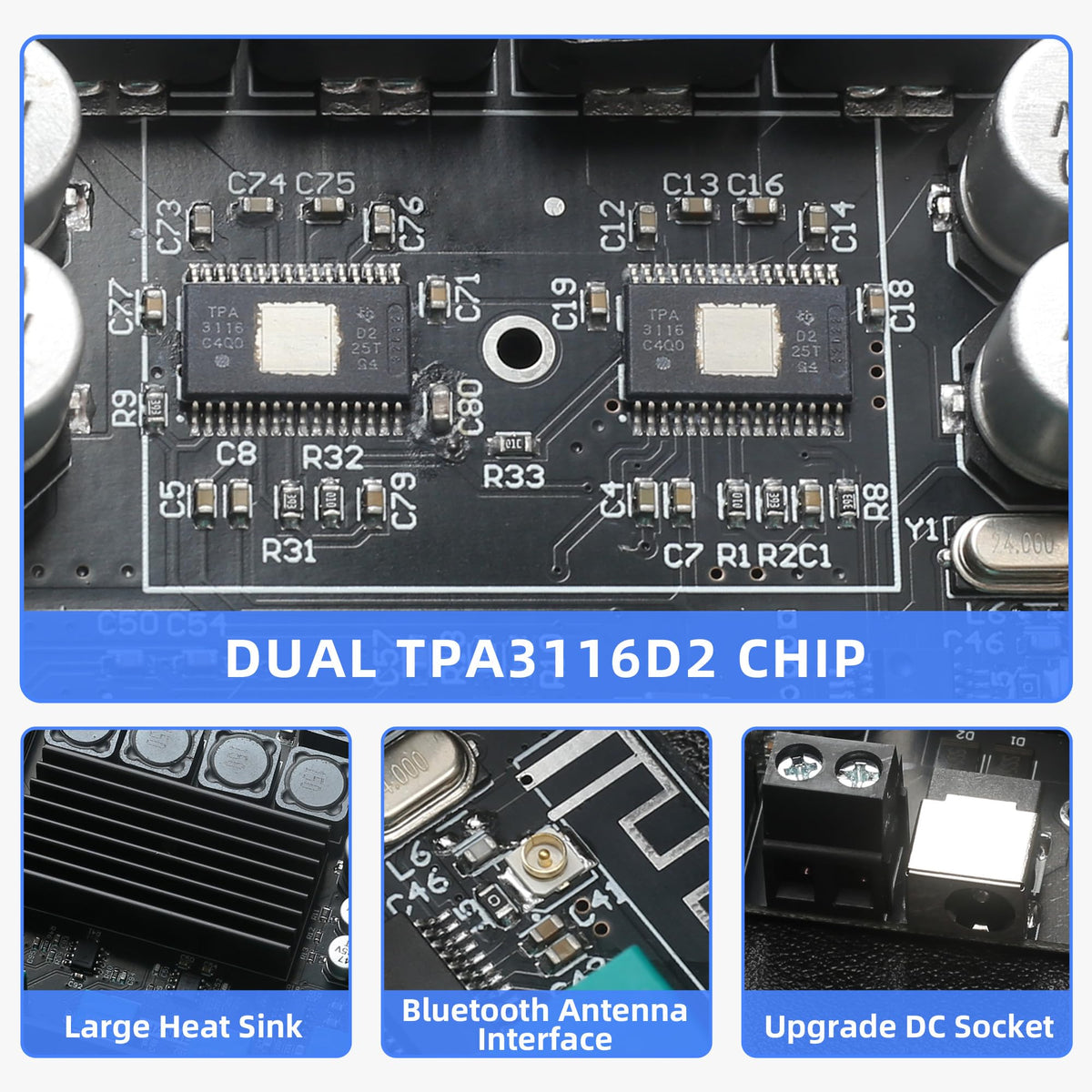 DAMGOO ZK-TB21 audio outputs and jacks illustrating 50W+50W+100W capability.