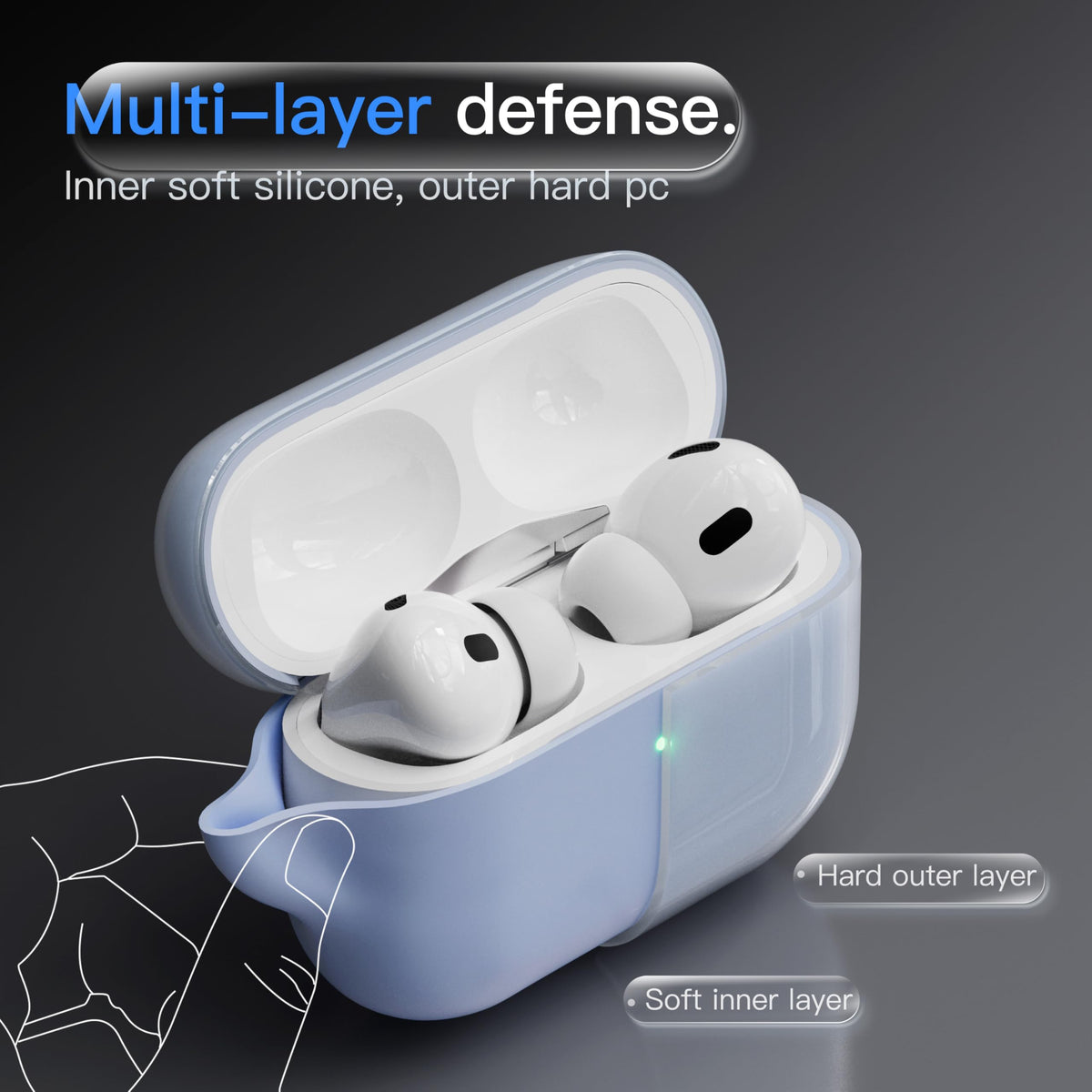 DamonLight AirPods Pro 3 ice blue case, back view, minimal opening shields while charging.