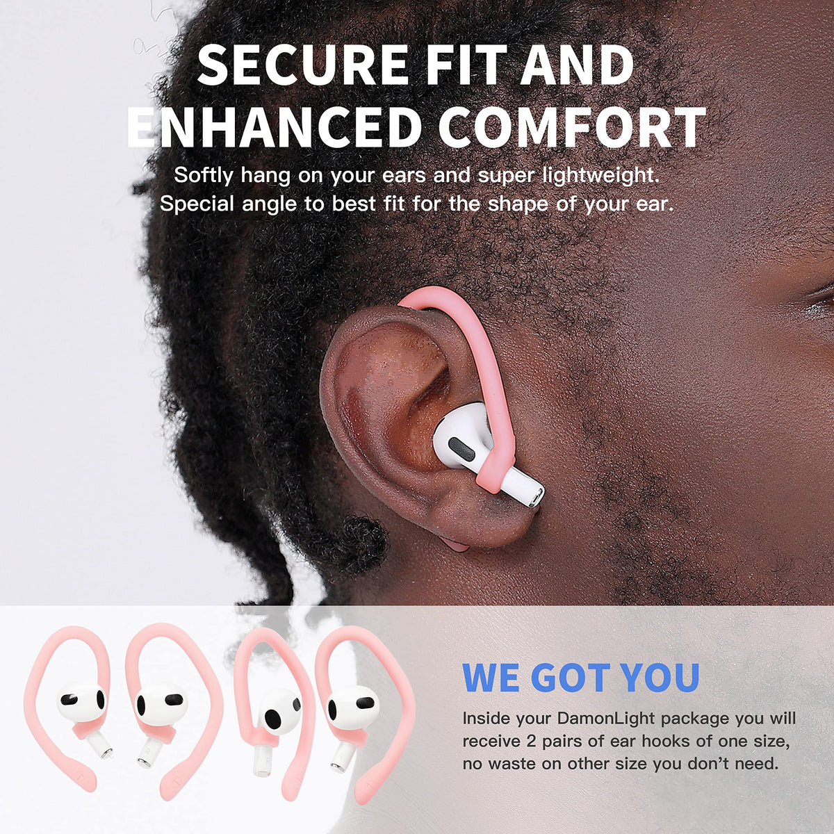 DamonLight soft silicone earhook closeup, gentle to ears during extended listening sessions.