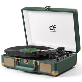 DANFI AUDIO DF dark green vinyl turntable with portable vintage design.