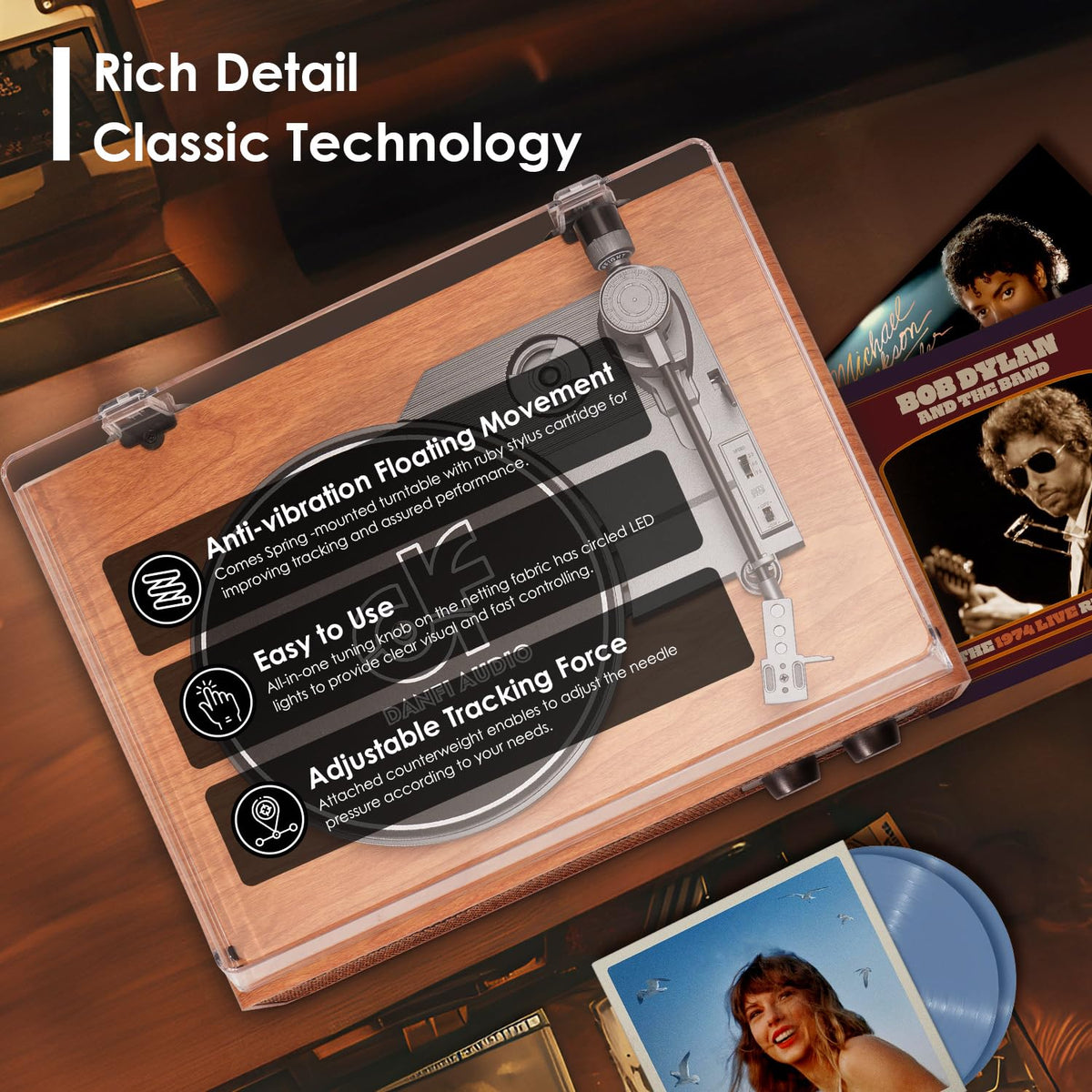 DANFI AUDIO DF dust cover open with vinyl on platter protecting records while offering easy access