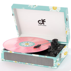 DANFI AUDIO DF front view showing floral blue suitcase and built-in speakers for stylish listening