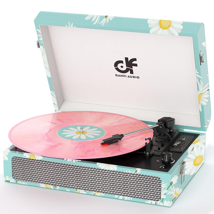 DANFI AUDIO DF front view showing floral blue suitcase and built-in speakers for stylish listening