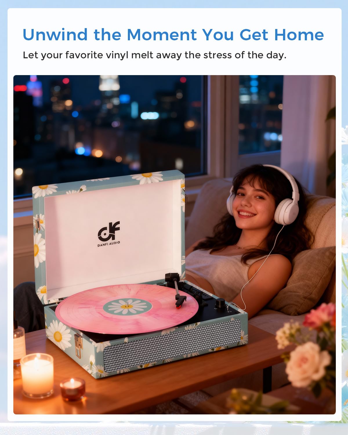DANFI AUDIO DF in a cozy living room setup showing floral design as decorative focal point