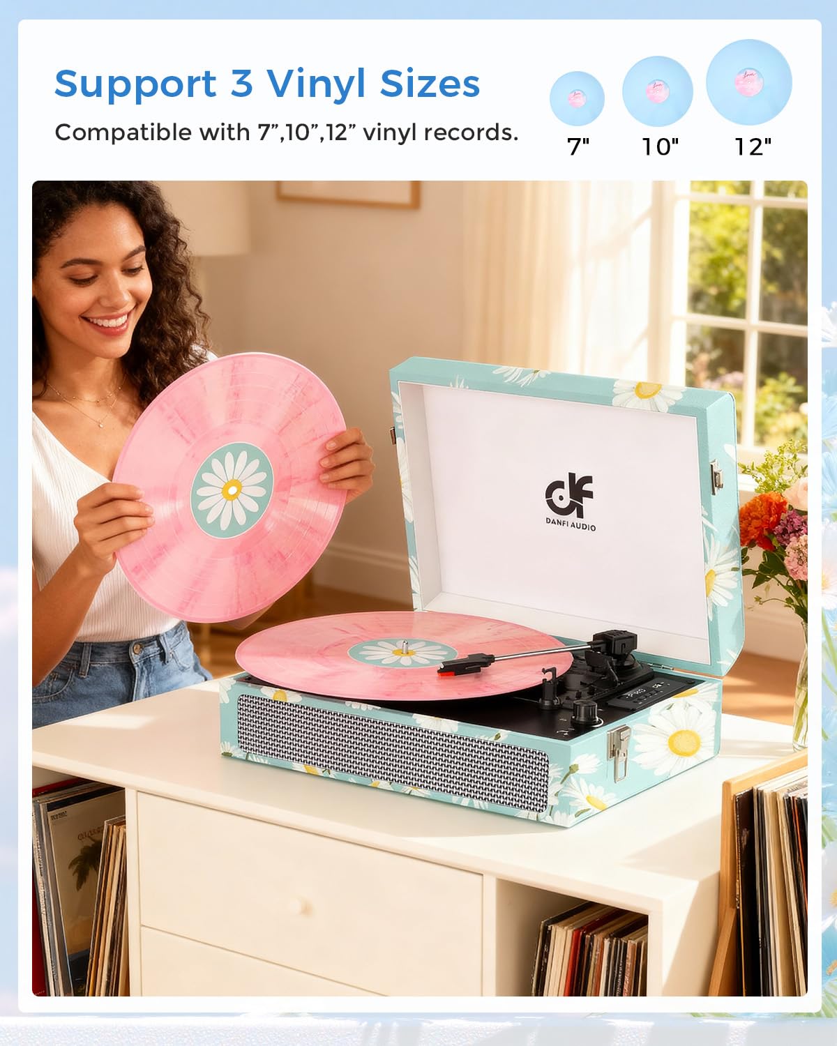 DANFI AUDIO DF beside a 12-inch vinyl showing scale and compact portability