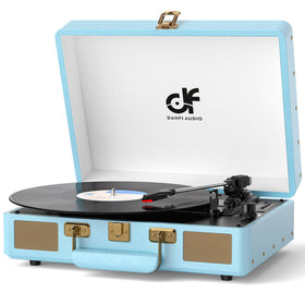 DANFI AUDIO DF front view showing blue suitcase and built-in speakers for immediate playback