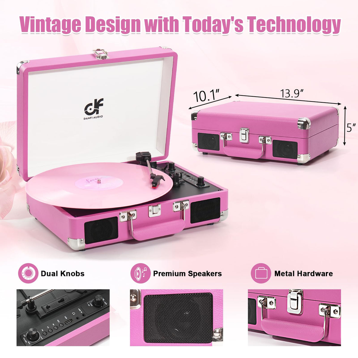 DANFI AUDIO DF hot pink turntable AUX-IN for non-Bluetooth devices
