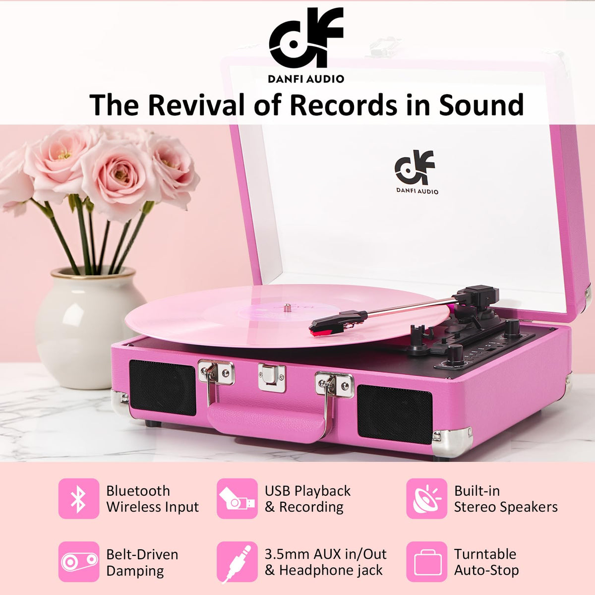 DANFI AUDIO DF hot pink turntable connected via Bluetooth for wireless streaming