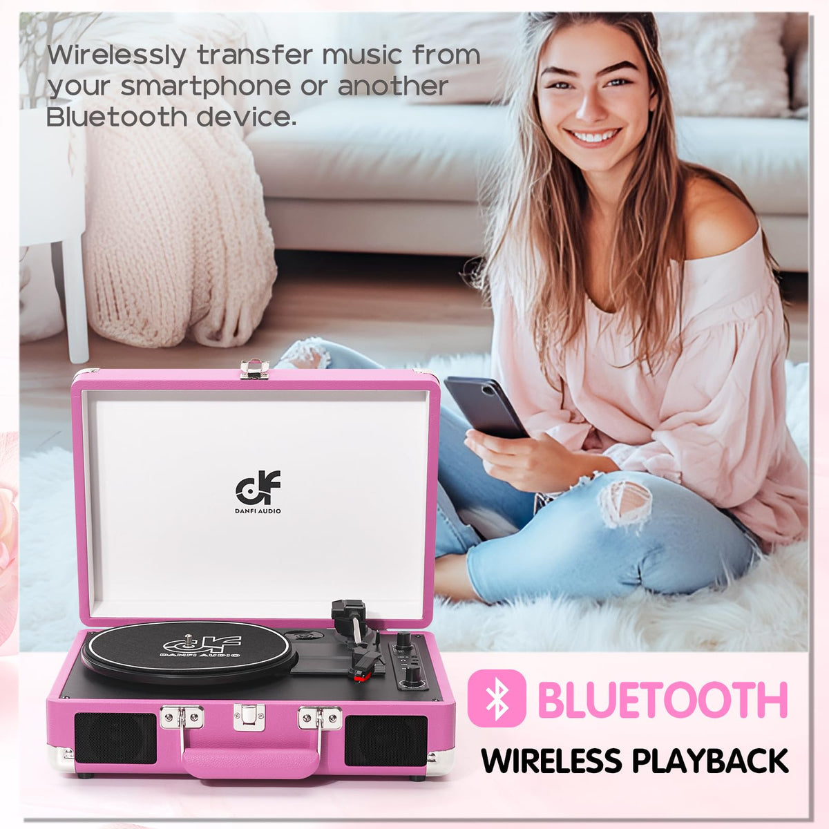 DANFI AUDIO DF hot pink turntable with lid open showcasing portable design