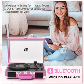 DANFI AUDIO DF hot pink turntable with lid open showcasing portable design