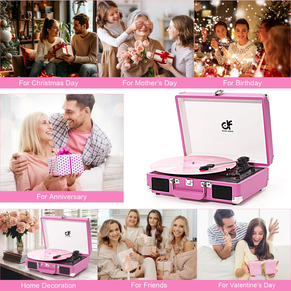 DANFI AUDIO DF hot pink turntable portable with carrying handle