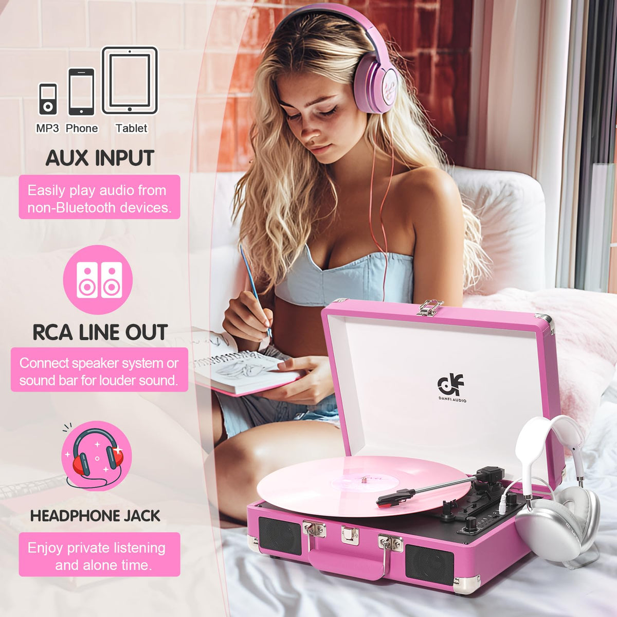 DANFI AUDIO DF hot pink turntable USB recording to digital files