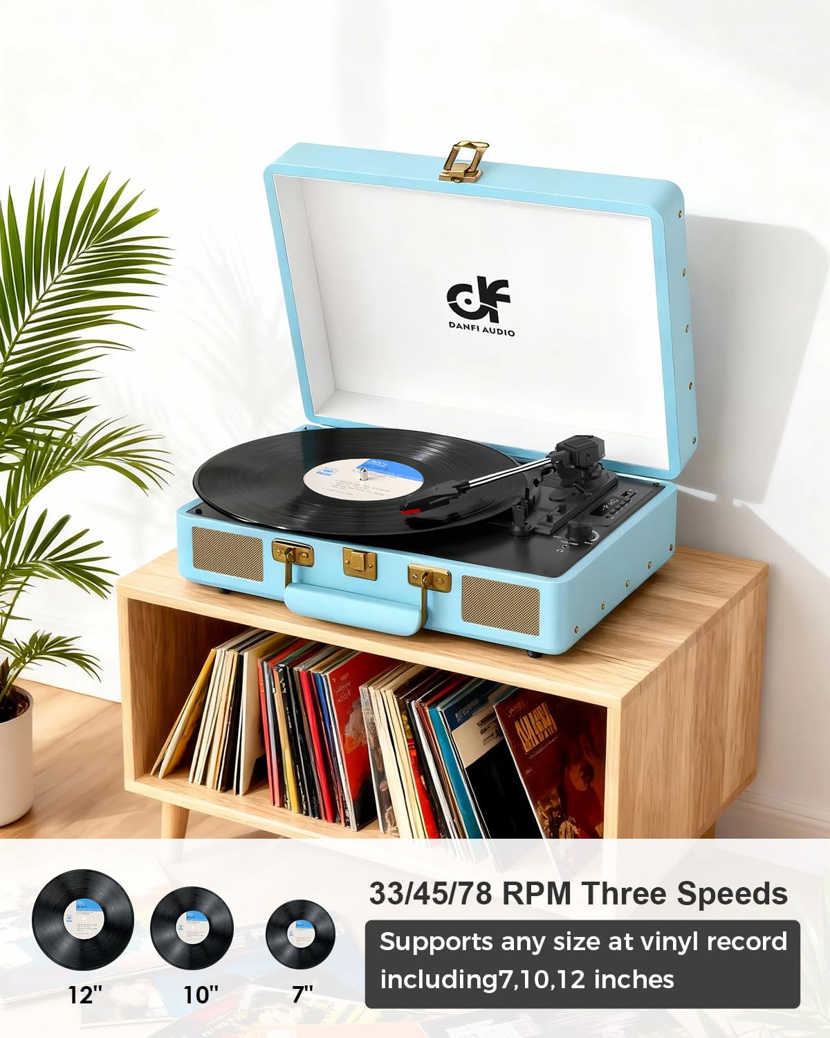 DANFI AUDIO DF open suitcase with vinyl on platter demonstrating easy setup and portability