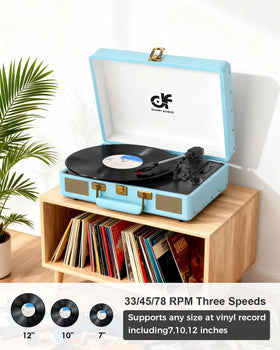 DANFI AUDIO DF open suitcase with vinyl on platter demonstrating easy setup and portability