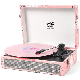 DANFI AUDIO DF pink floral portable turntable blends style with portable listening