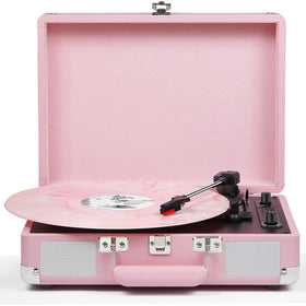DANFI AUDIO DF pink suitcase turntable front view for portable listening anywhere.
