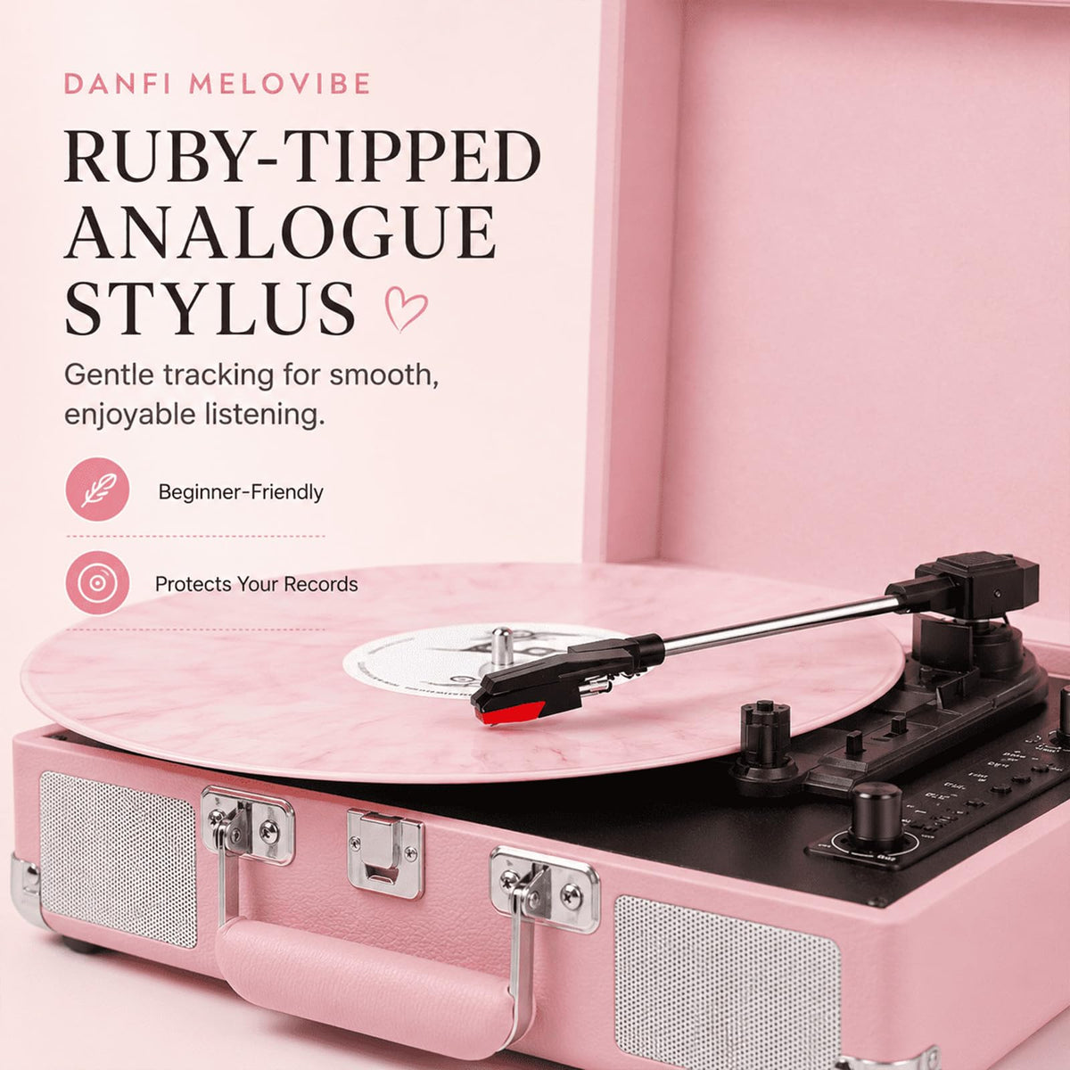 DANFI AUDIO DF pink suitcase turntable top view showcasing compact vintage style.