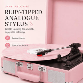 DANFI AUDIO DF pink suitcase turntable top view showcasing compact vintage style.